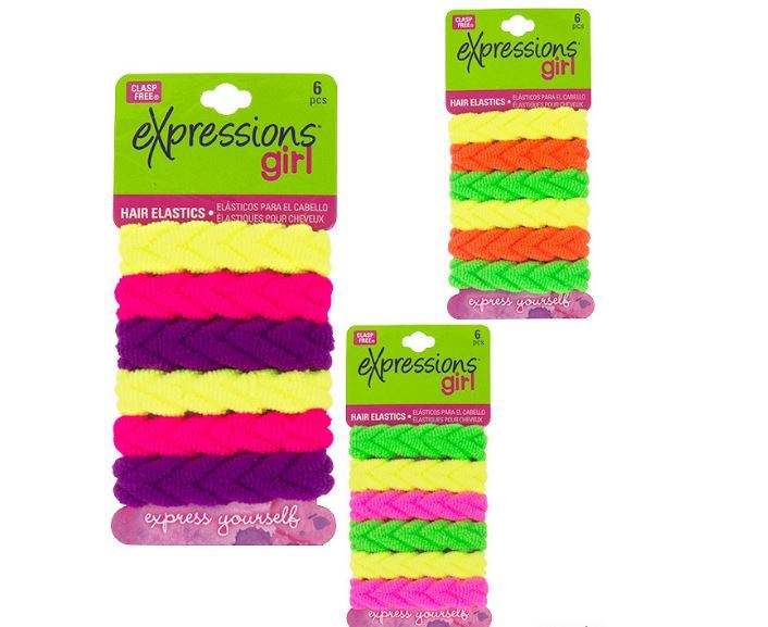Faux Braid Hair Elastics Neon, Assorted Colors, 6 Pack
