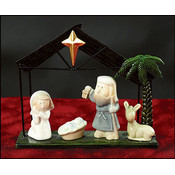 Nativity Set With Donkey in Black Metal Stable Wholesale Bulk