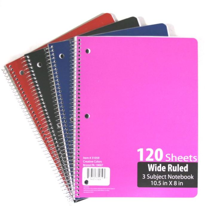 Wholesale Wide Ruled Spiral Notebooks 3 Subject DollarDays
