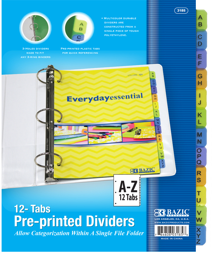 Wholesale Bazic 3-Ring Binder Dividers W / 12-Preprinted A-Z(24x.16)