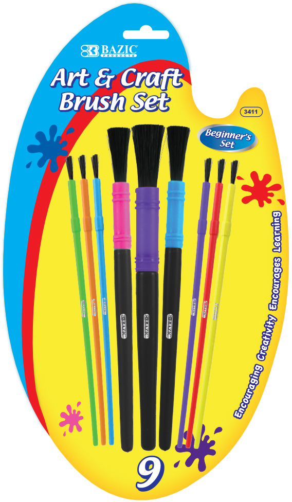 Bazic Asst. Size Kid's Watercolor Paint Brush Set (9 / Pack)(72x.07)