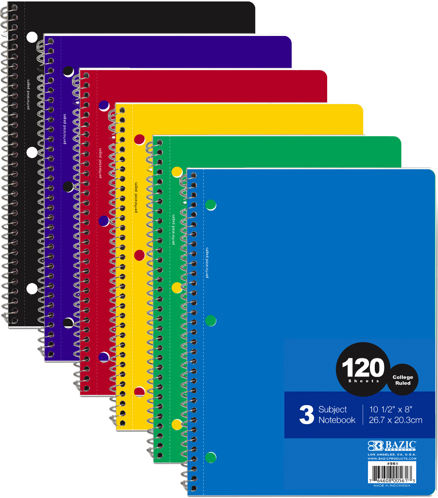 Wholesale Bazic C / R 120 Count 3-Subject Spiral Notebook(24x.40)