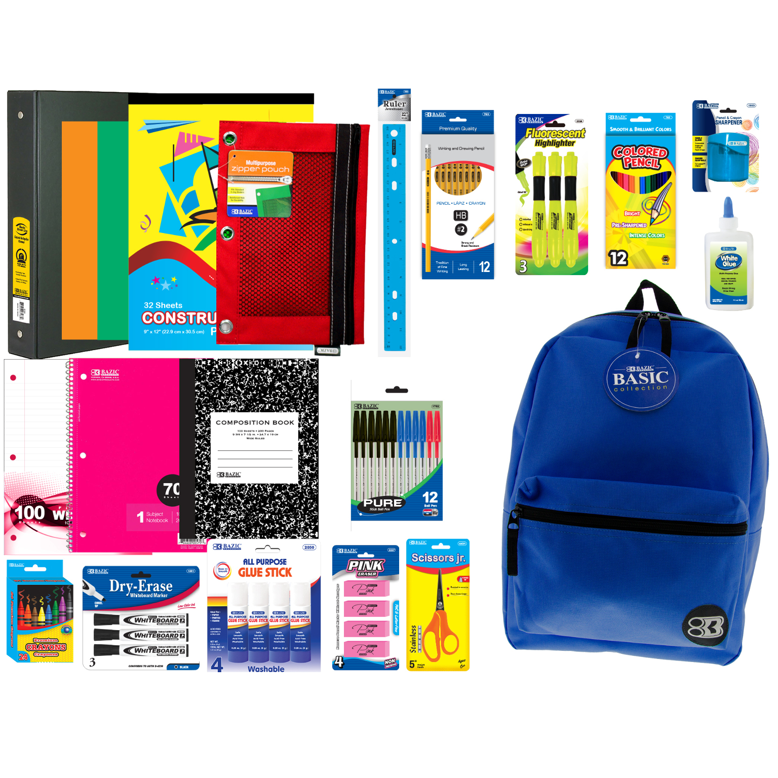 Wholesale Middle School Supply Kits w/Blue Backpacks