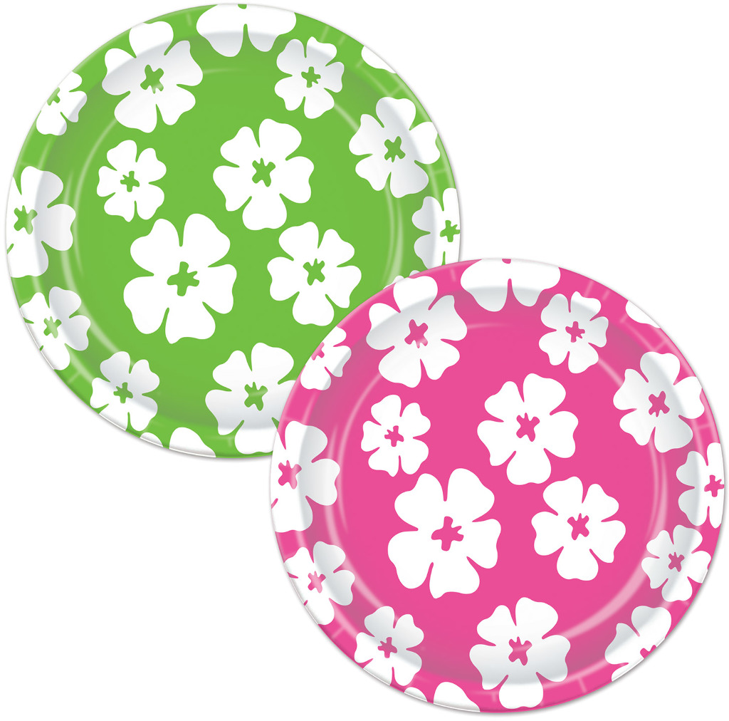 Wholesale Party Plates Hibiscus Flowers, Pink, Green, 7"