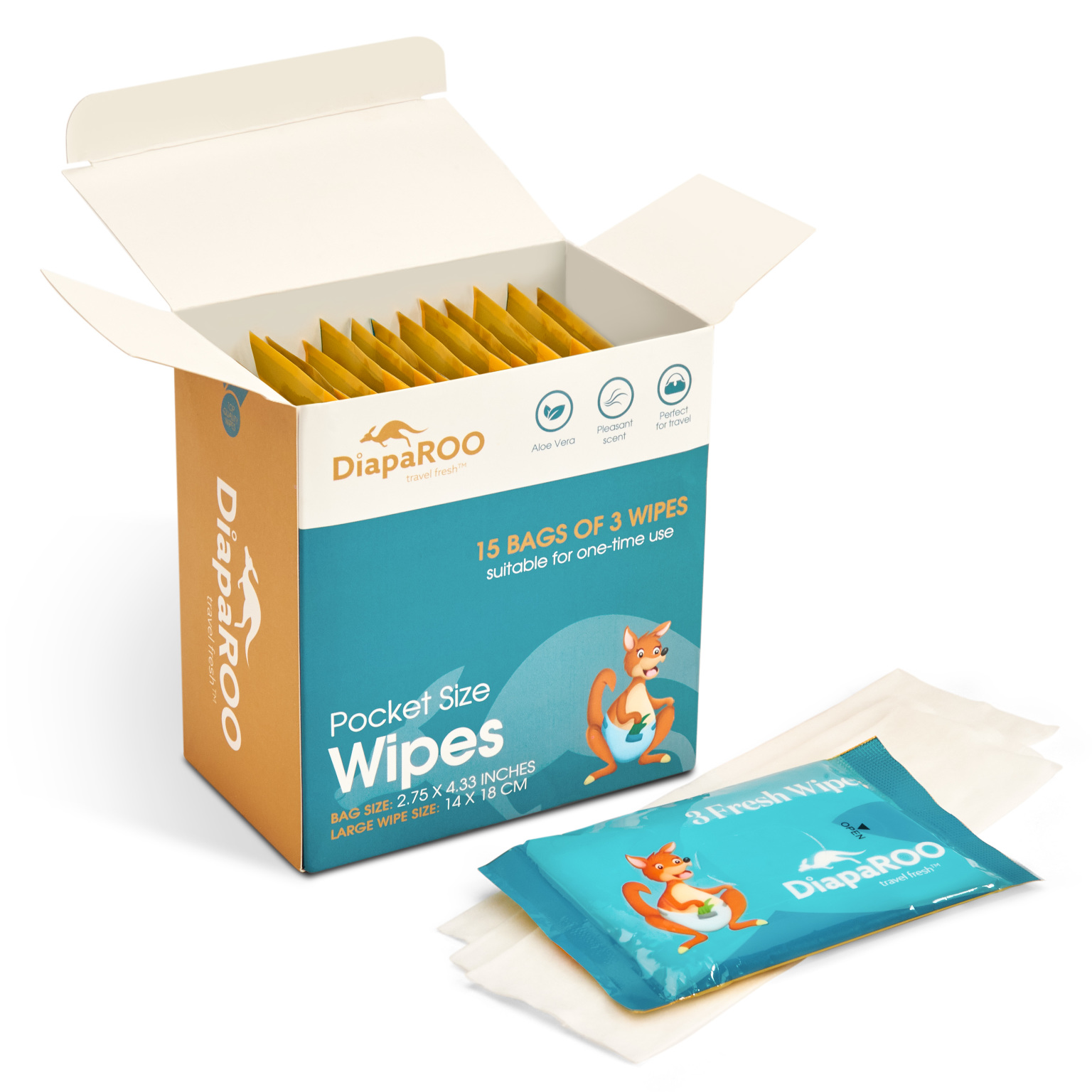 Wholesale DiapaRoo 15 Pouch Pack of Travel Flushable Wet Wipes