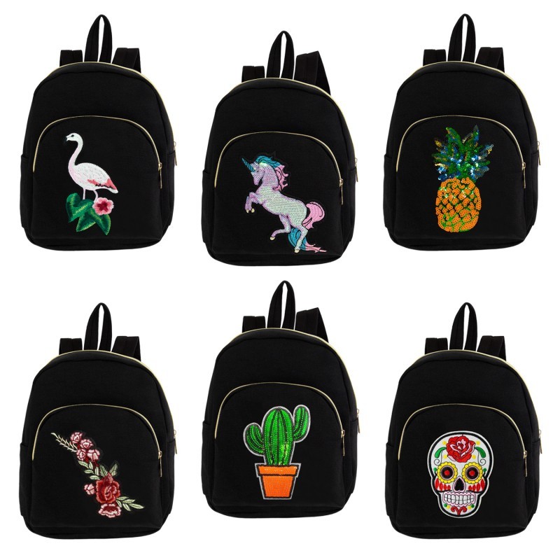 Wholesale 12&quot; Mini Applique Black Backpack in 6 Assorted Prints (SKU 2320151) DollarDays