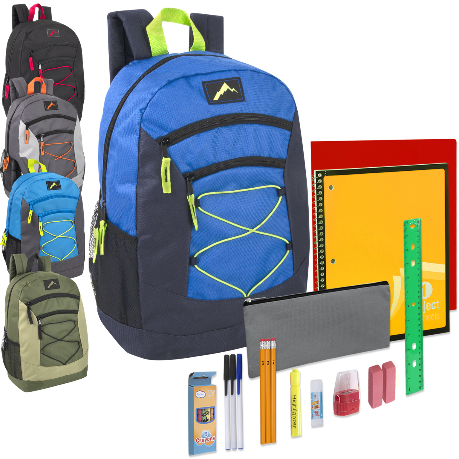 18" Bungee Backpacks 20 Piece School Supply Kits 5 Colors