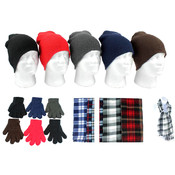 Winter Beanie Hats, Gloves, and Plaid Scarves