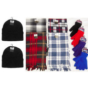 Winter Beanie Hats, Gloves, and Plaid Scarves