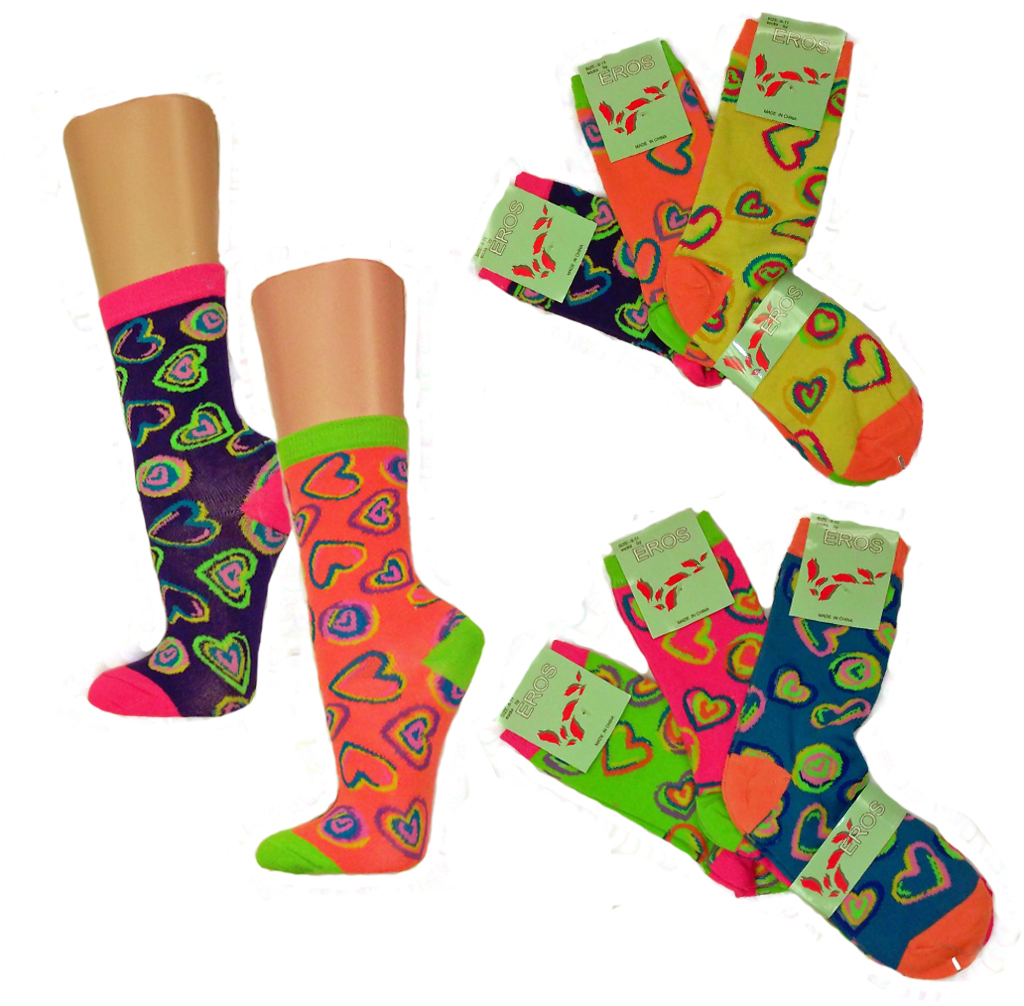 Wholesale Women's Novelty Crew Socks Neon Heart Print (SKU 2126588