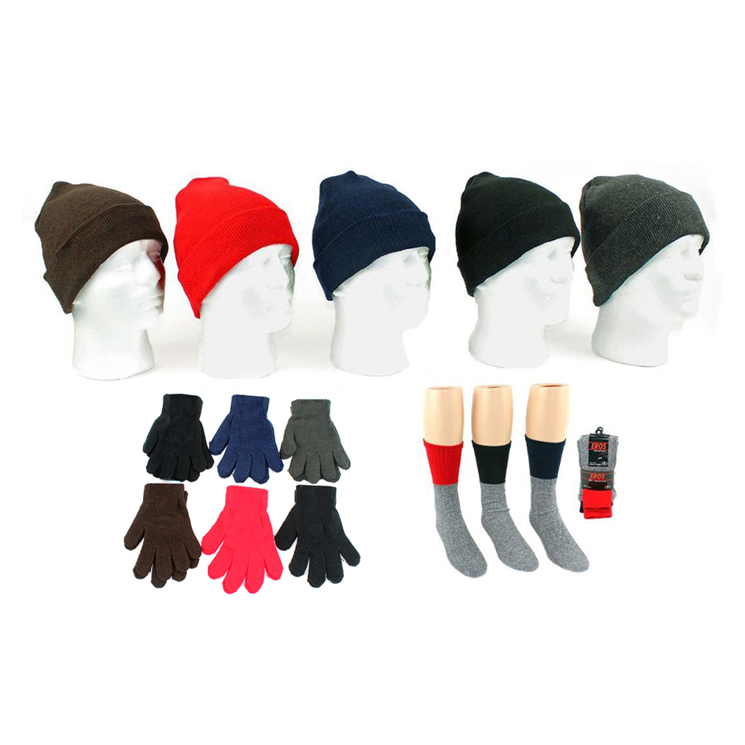 Wholesale Adult Cuffed Winter Knit Hats, Magic Gloves Men's Thermal