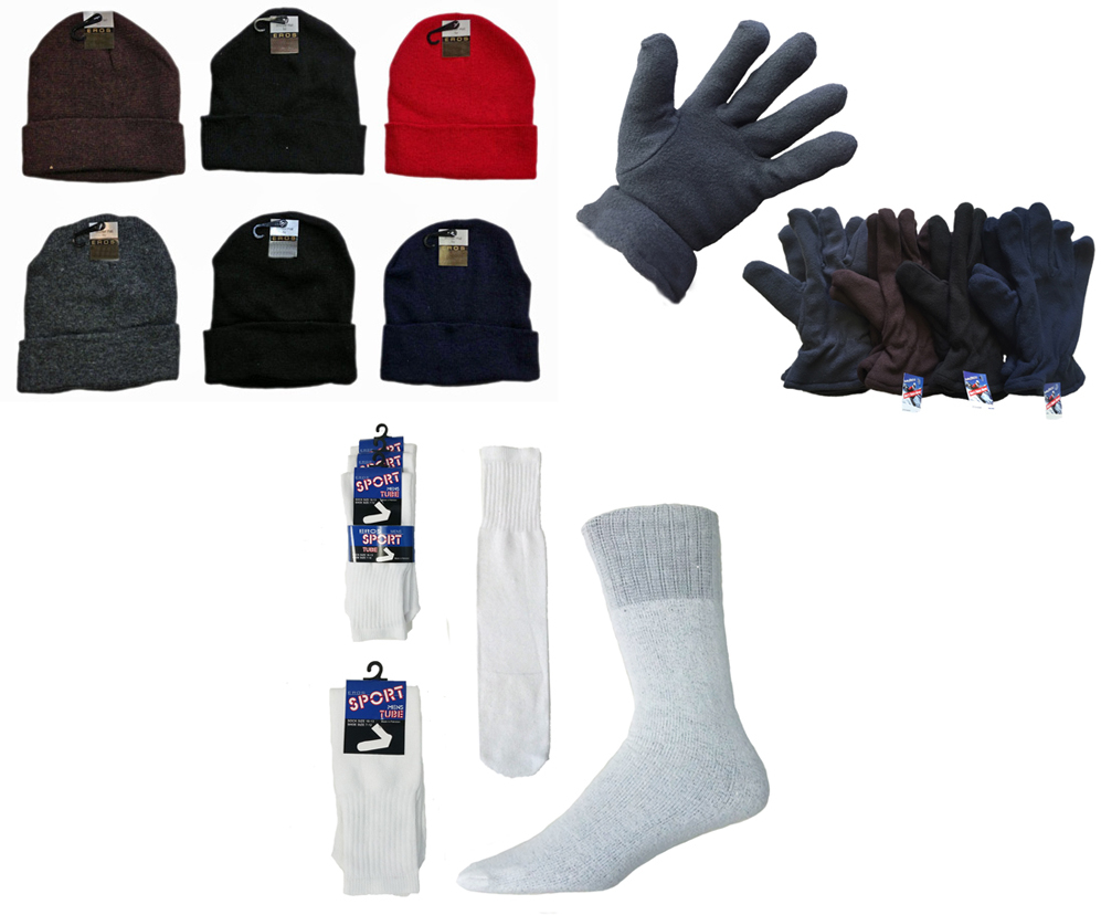 Wholesale Men's Hat, Fleece Gloves and Tube Socks Combo (SKU 2123036