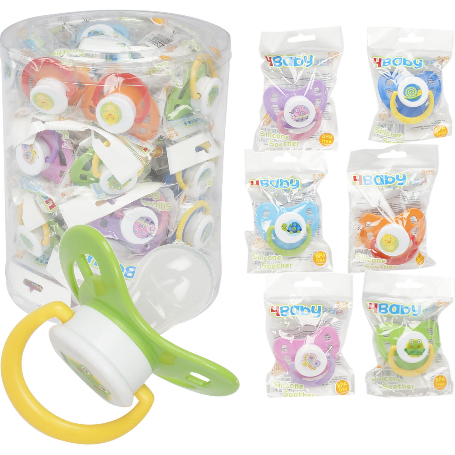 Wholesale Individually Wrapped Silicone Pacifier in Tub Assorted