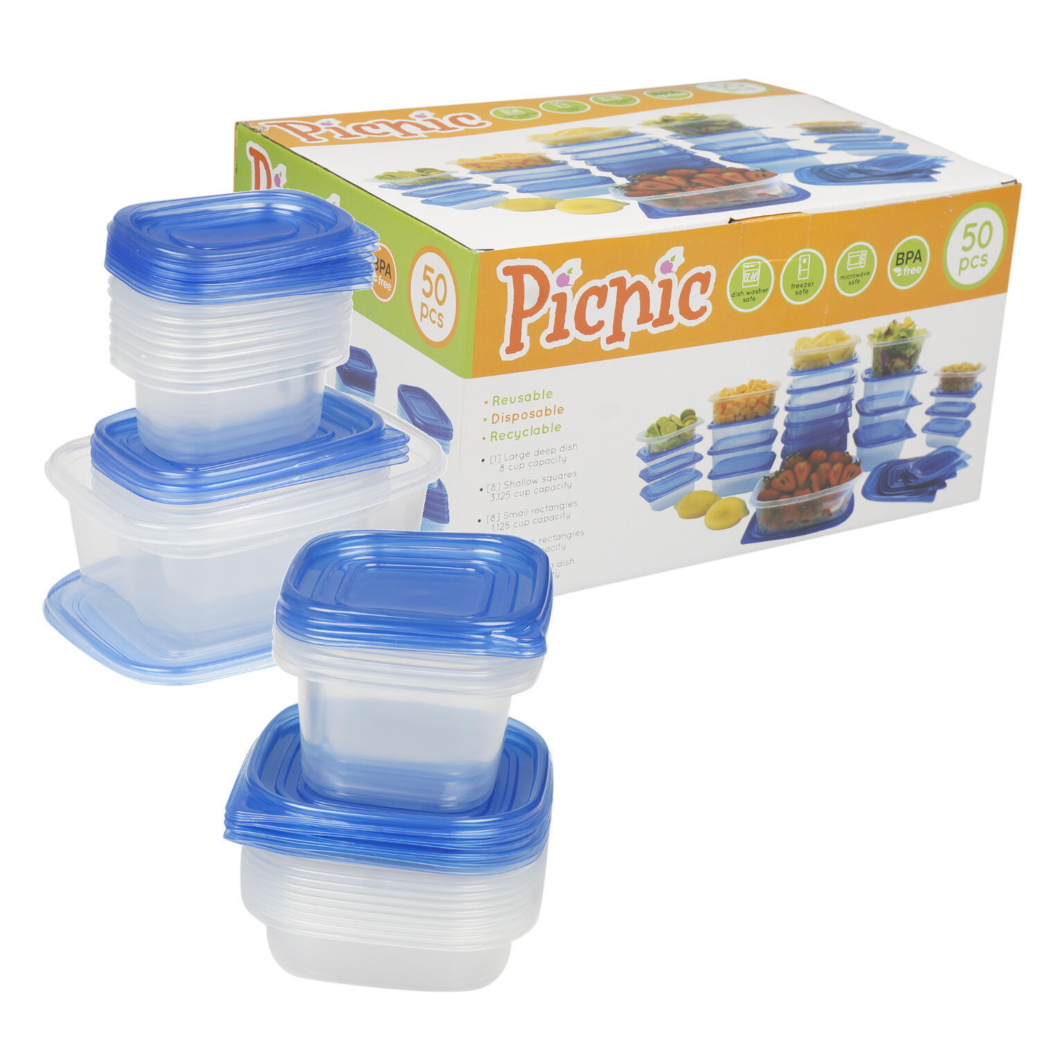 Wholesale Clear Container Set With Blue Lids 50 Piece (SKU 2335241