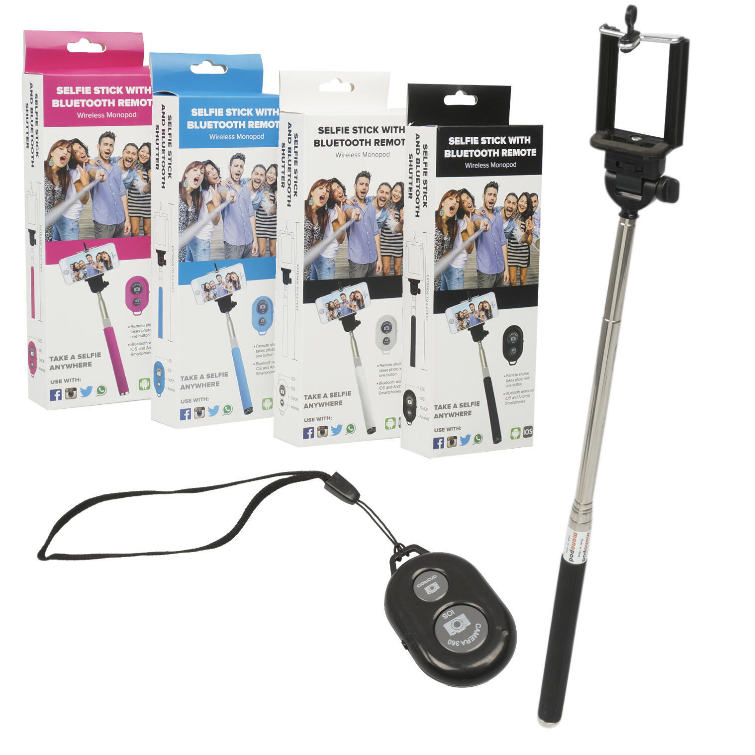 Wholesale Selfie Stick with Bluetooth Remote Assorted Colors