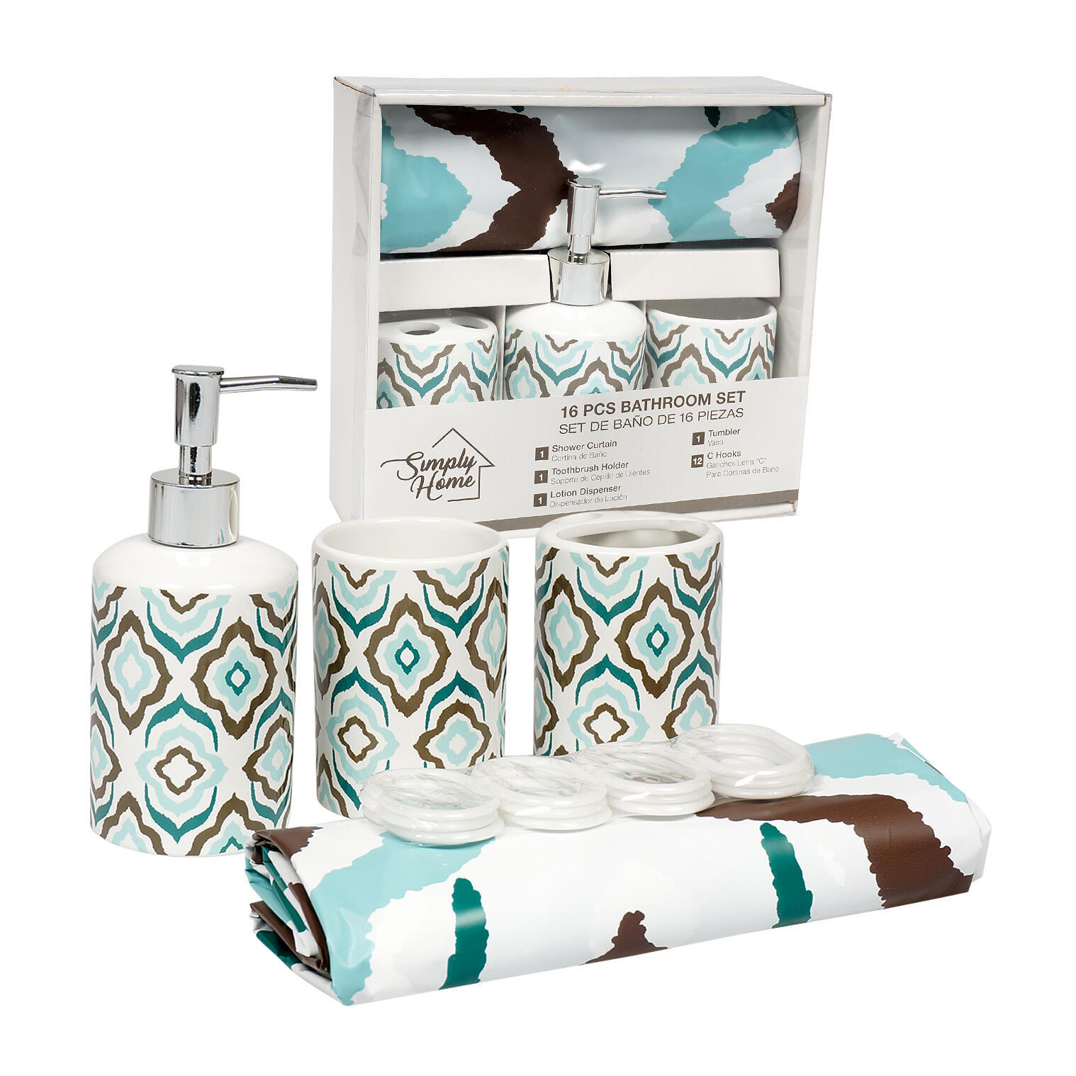 Wholesale 16 Piece Peva Bathroom Set Teal Brown White Sku 2349538 Dollardays