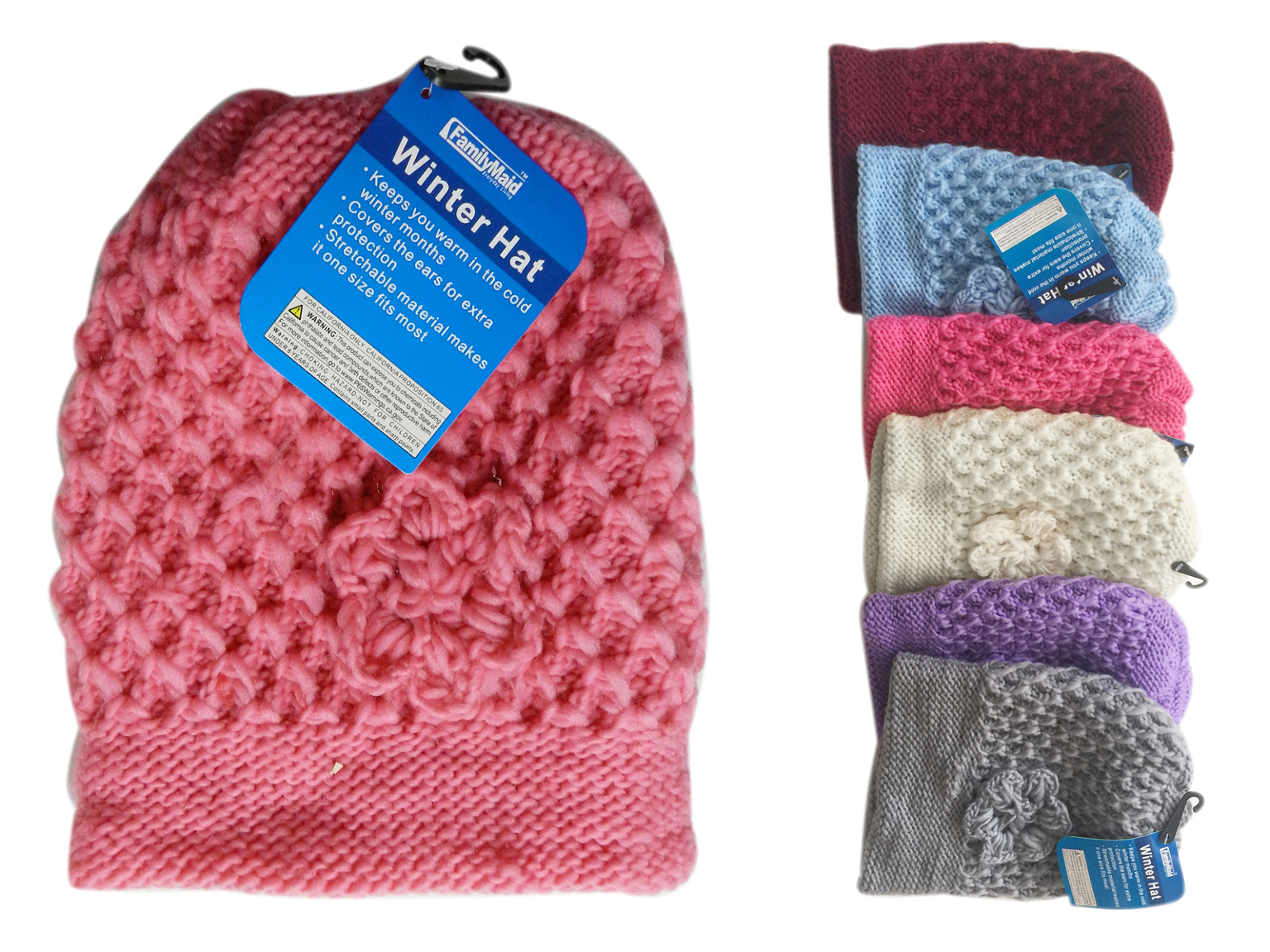 Women's Beanie Hats Knitted, Flower Detail, Assorted Colors