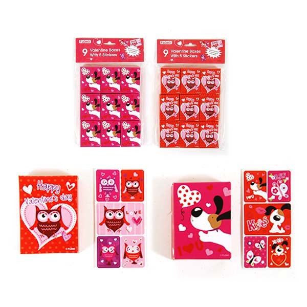 9 Mini Boxes of Owl and Puppy Valentine Stickers In Assorted(72x.86)
