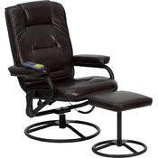 Massaging Brown Leather Recliner and Ottoman with Metal Bases