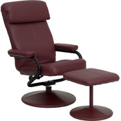 Contemporary Burgundy Leather Recliner and Ottoman with Leather Wrapped Base