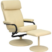 Contemporary Cream Leather Recliner and Ottoman with Leather Wrapped Base