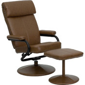 Contemporary Palomino Leather Recliner and Ottoman with Leather Wrapped Base