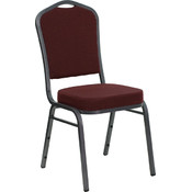 Crown Back Stacking Banquet Chair with Burgundy Patterned Fabric and 2.5'' Thick Seat - Silver Vein Frame
