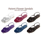 Ladies Patent Flower Sandal With Cork Wedge