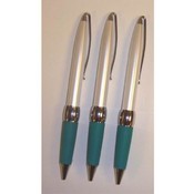 Satin Silver Twist Action Pen w/ Teal Rubber Grip
