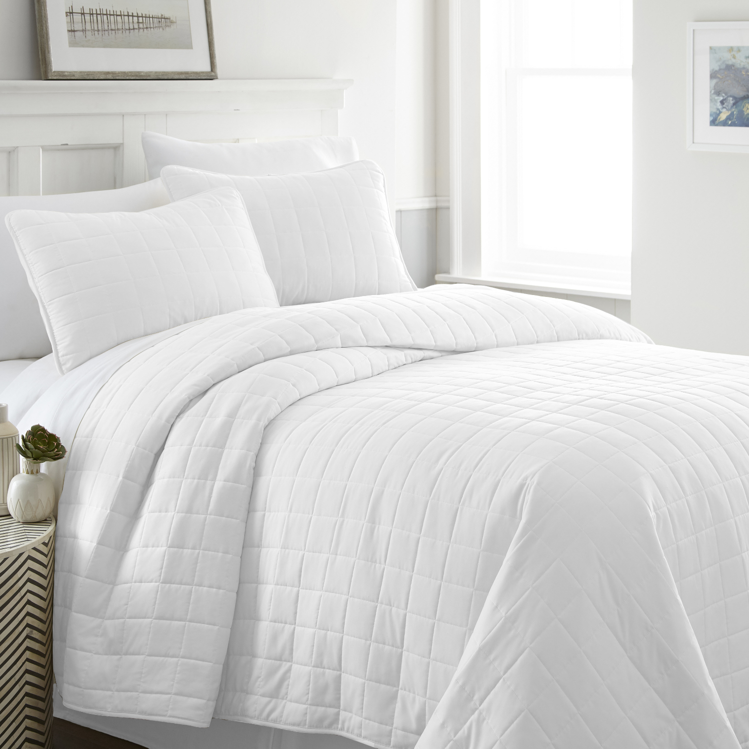 Wholesale King Premium Square Pattern Quilted Coverlet Set White