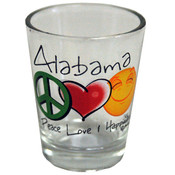 Alabama Clear Shotglass- Peace/Love/Happiness