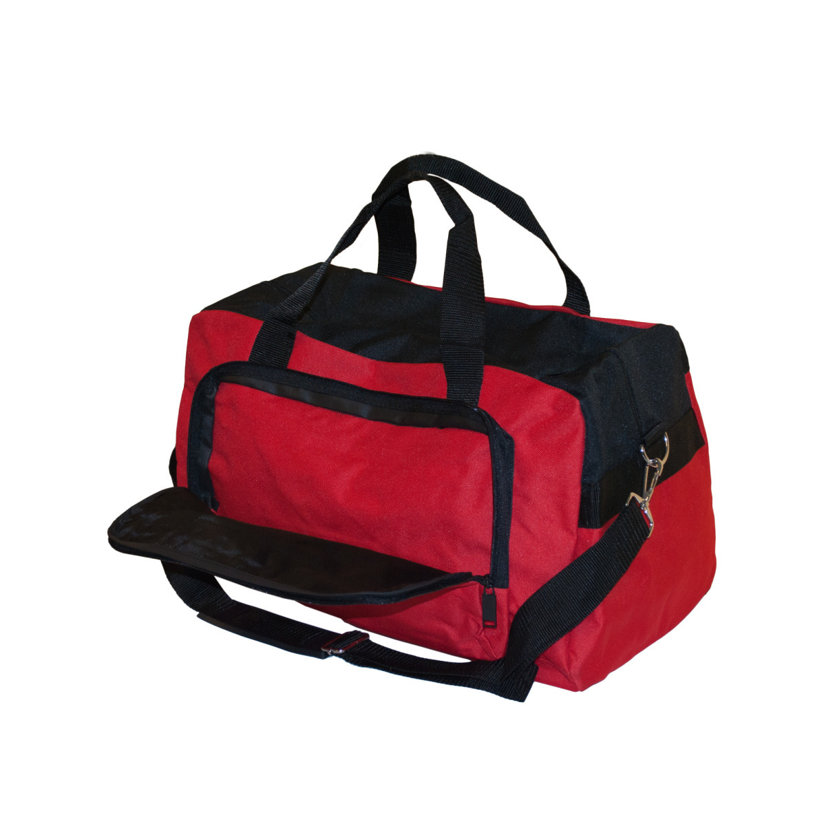 red and black duffle bag