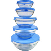 5 Piece Glass Bowl Set with Blue Plastic Lids