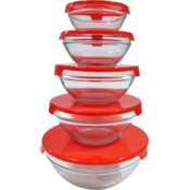 5 Piece Glass Bowl Set with Red Plastic Lids