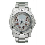 Chrome Biker Watch, Skull w/Flames