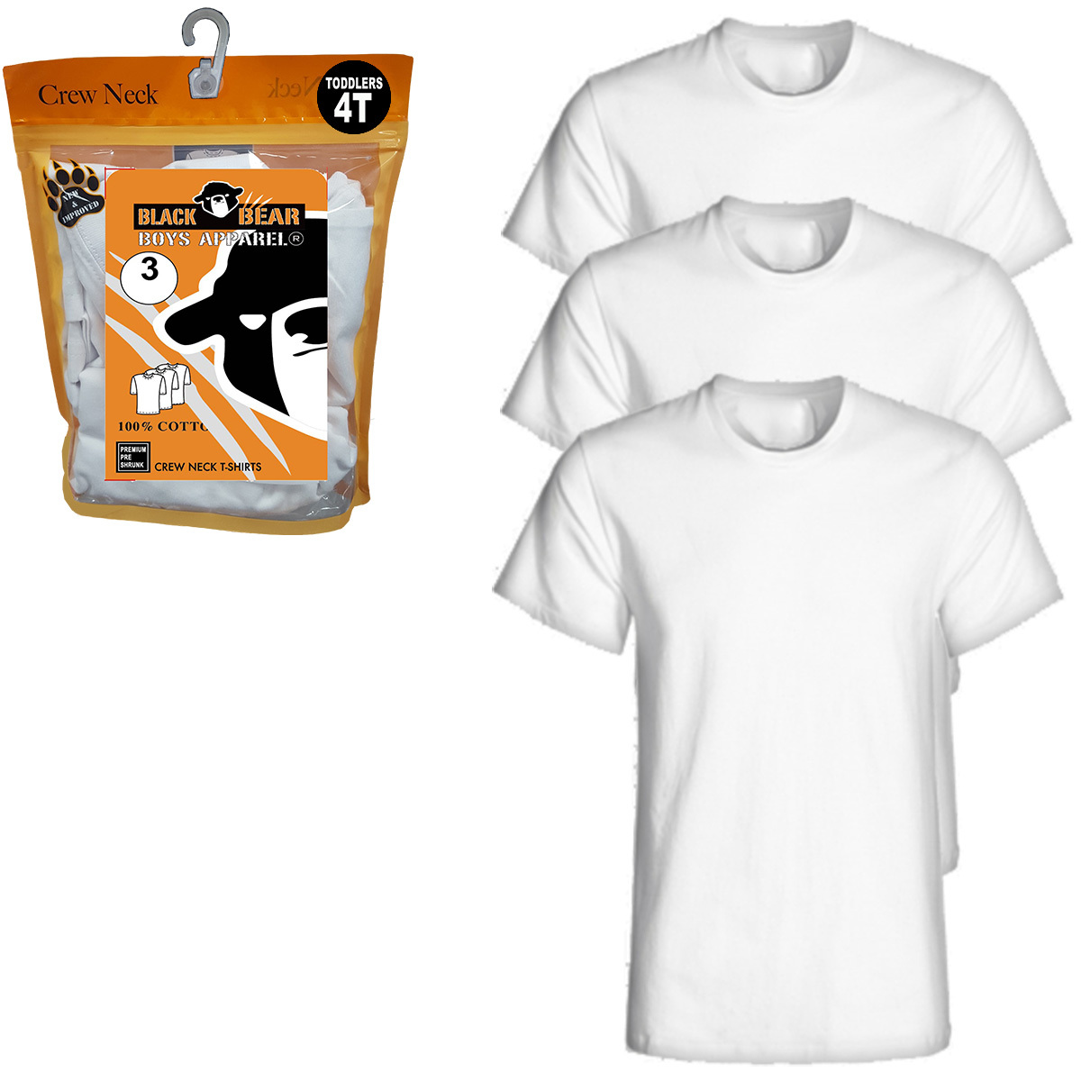 Bulk Boys' Crewneck Shirts, 4T, White, 3 Pk Wholesale Undershirts