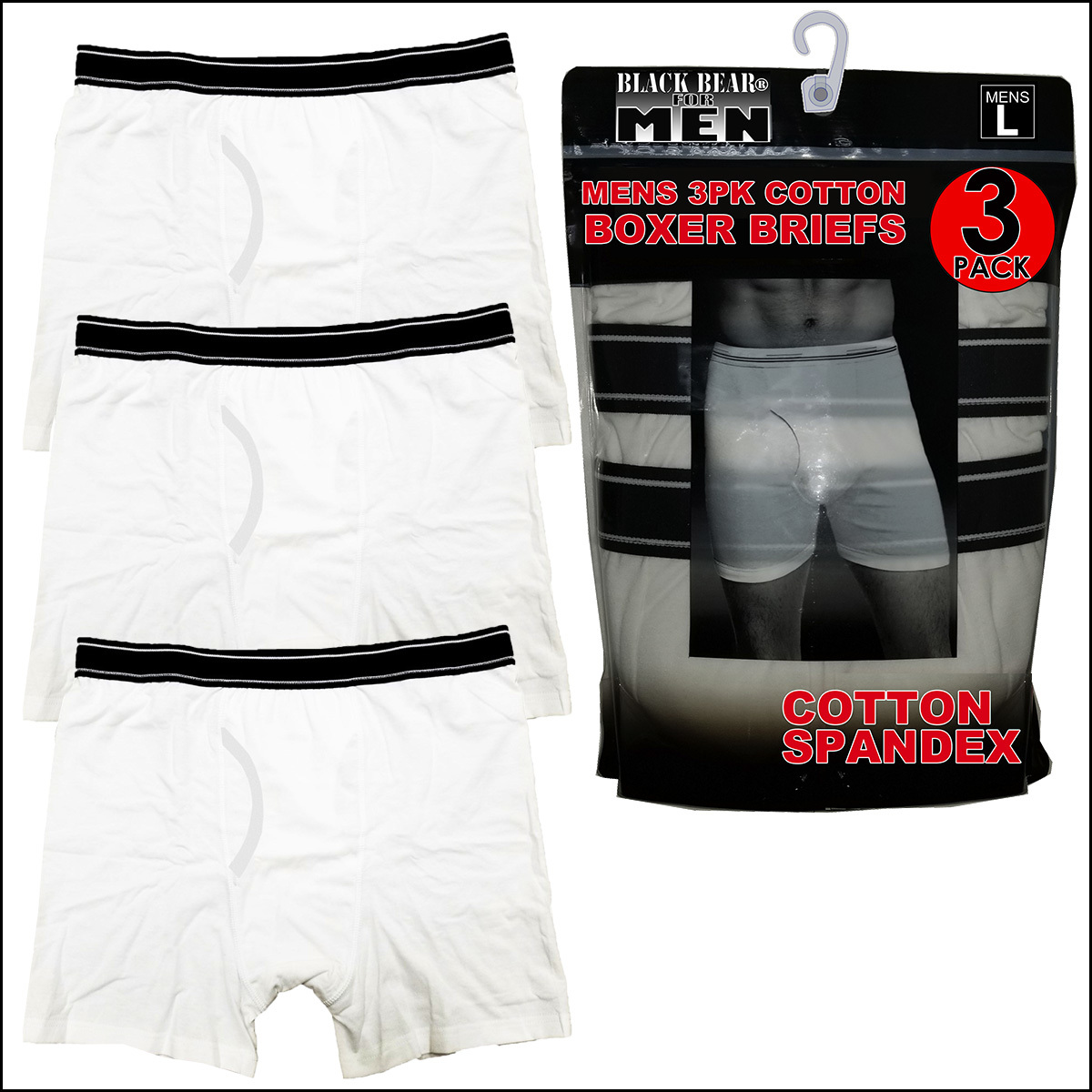 Wholesale Men's 3Pack Cotton Knit Boxer BriefsWhiteLarge (SKU