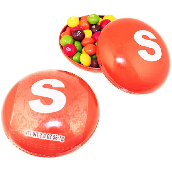 Bright metallic colored tins filled with a little bag of Skittles candy in 