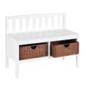 White Bench w/ Brown Rattan Baskets