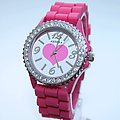 Hot Pink Heart (Lg. Face) Rhinestoned Silicone Wat