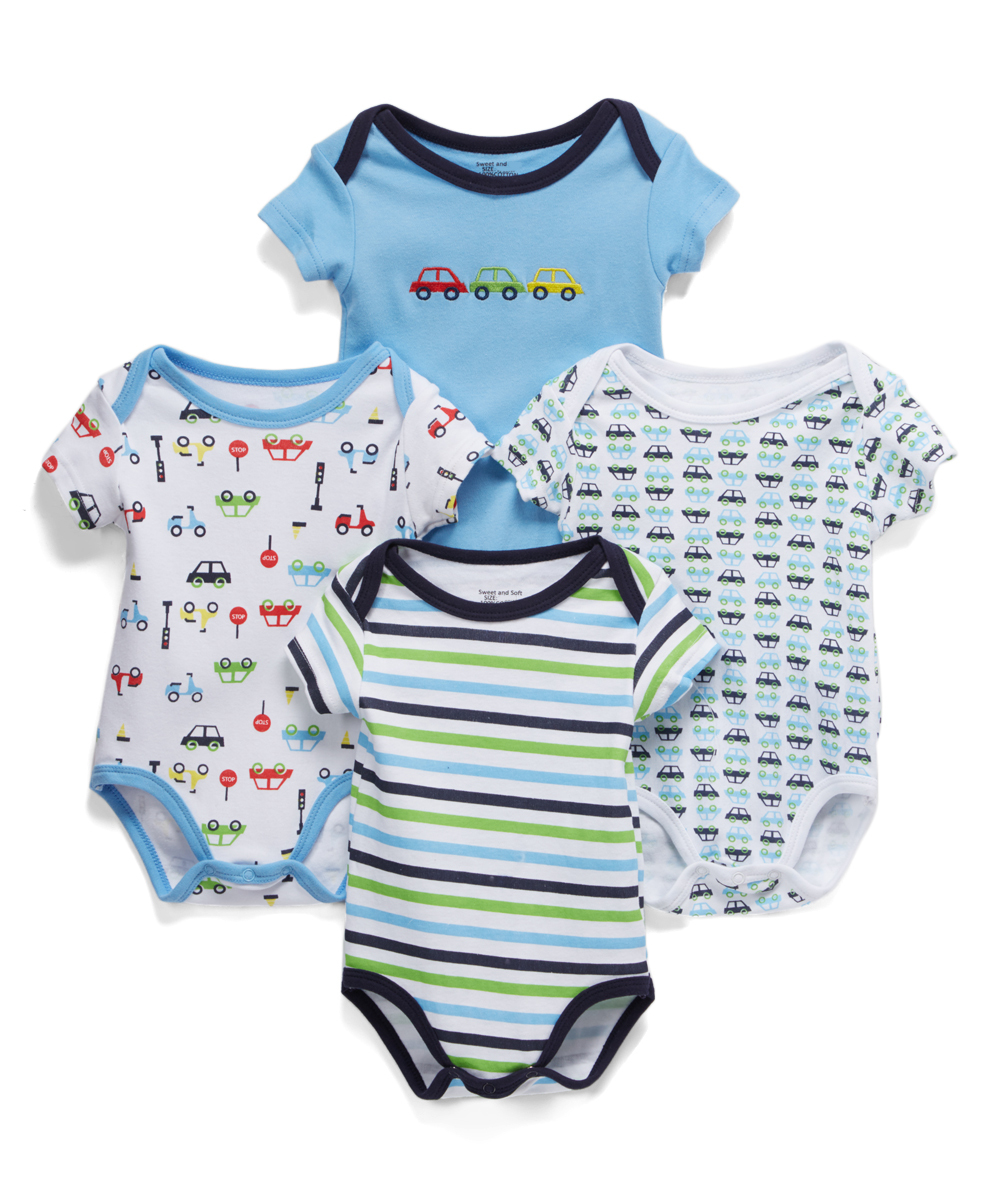 Wholesale Baby Boys 4 Pk Short Sleeve Printed Onesies Cars (SKU