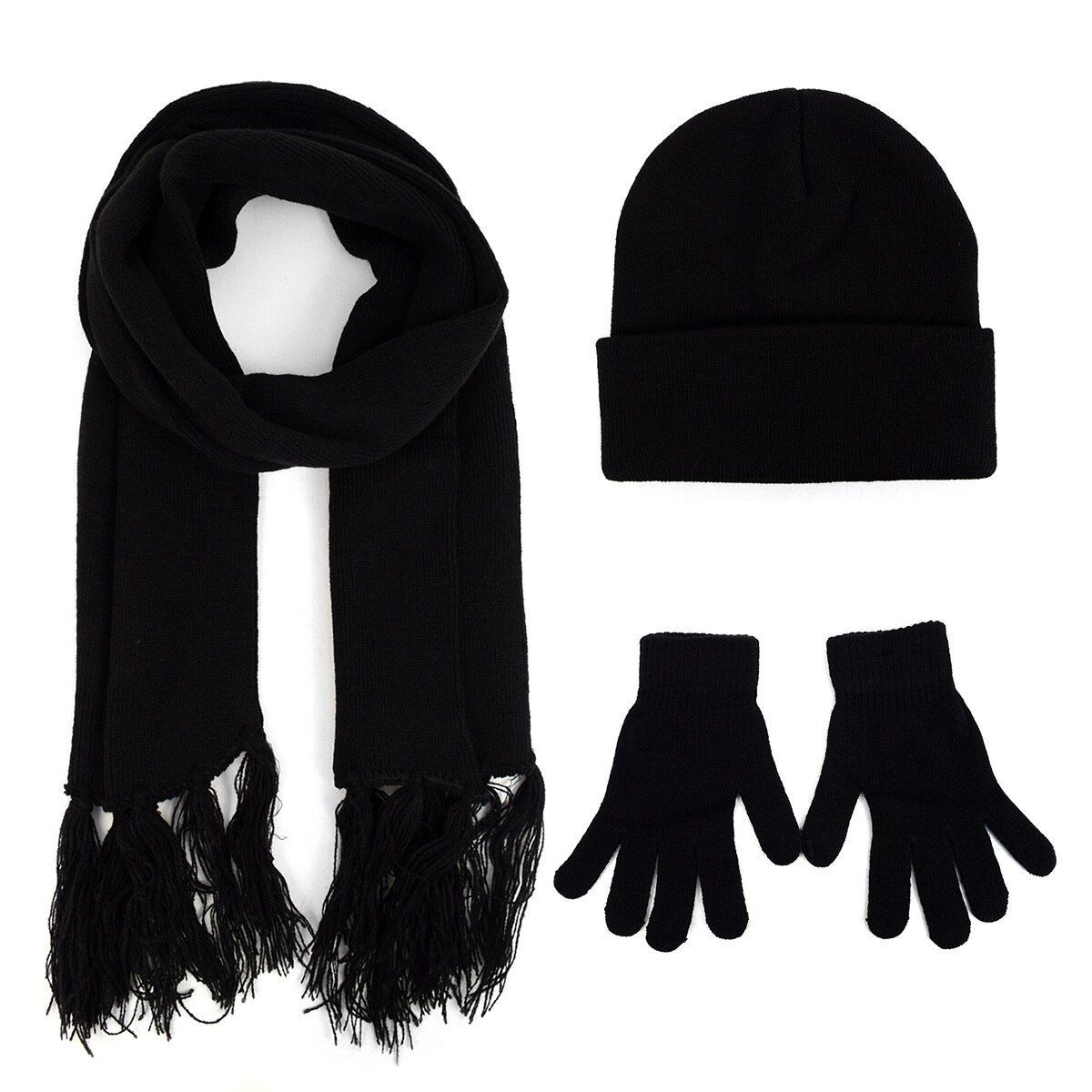 Wholesale Knit Hat, Gloves & Scarf Set Adult, Black DollarDays