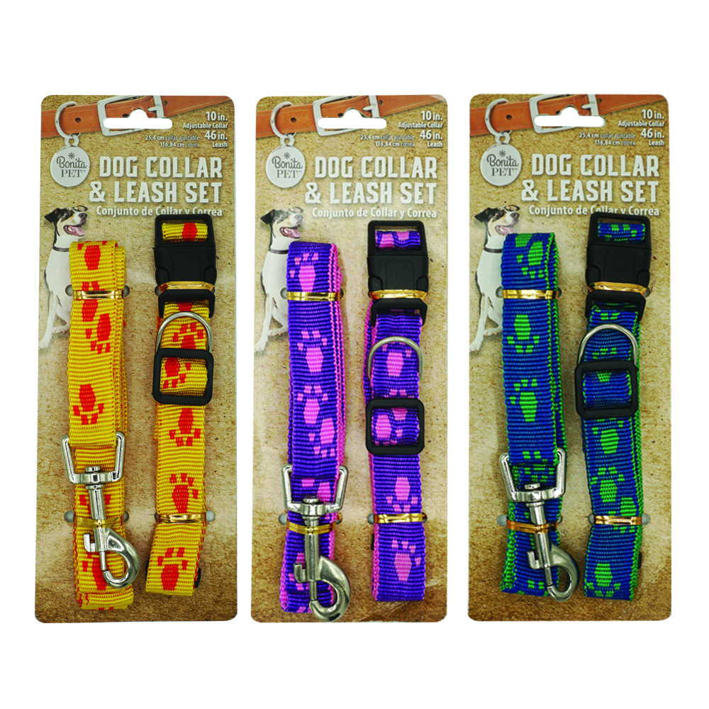 Wholesale Dog Collar and Leash Sets Assorted Colors, Paw Prints