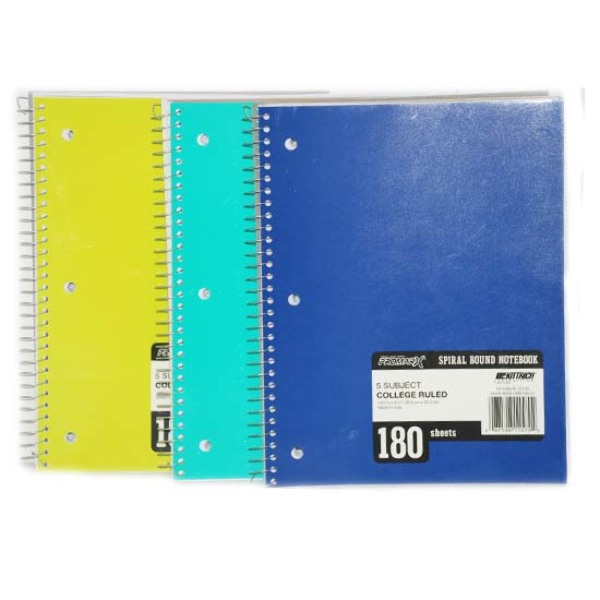 Wholesale 5 Subject College Ruled Spiral Notebook 180 Sheets
