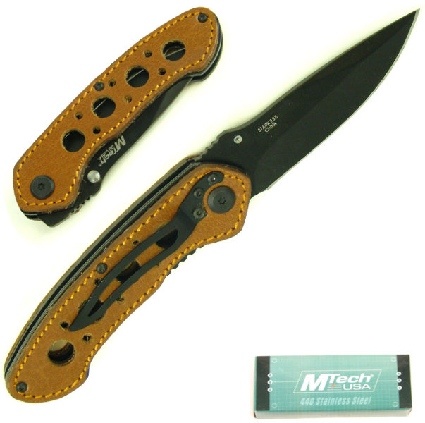 Wholesale Leather Handle Folding Pocket Knife 8" Long (SKU 404769