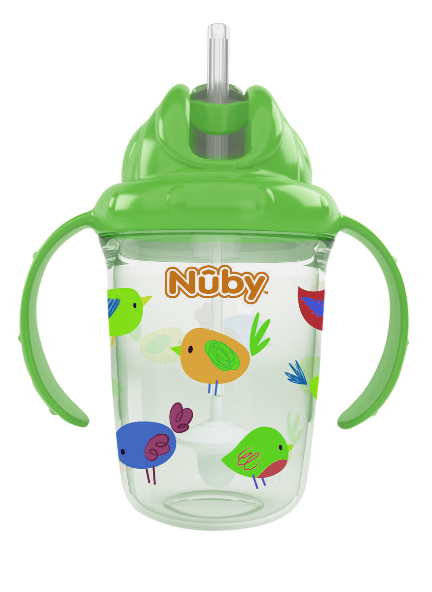 Nuby Printed Flipit 360Â° Weighted Straw Cups 2Handle, Cute Birds, 8 oz