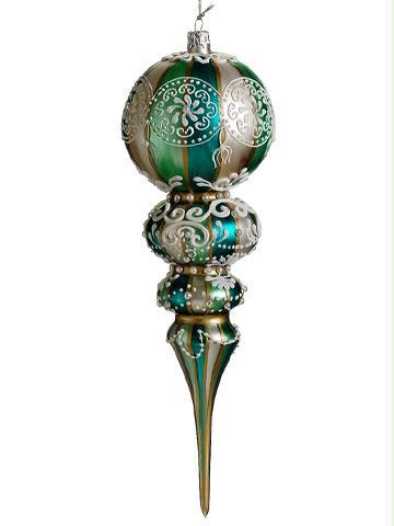 10 Aqua and Green Striped Paisley Pattern Glass Finial Christmas Orna