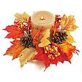 12 Fall Artificial Red &amp; Gold Maple Leaf, Berry &amp; Pine Cone Candle Rings 9"