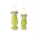 Set of 2 Water's Edge Distressed Green Crackled Pillar Candle Holders 15"