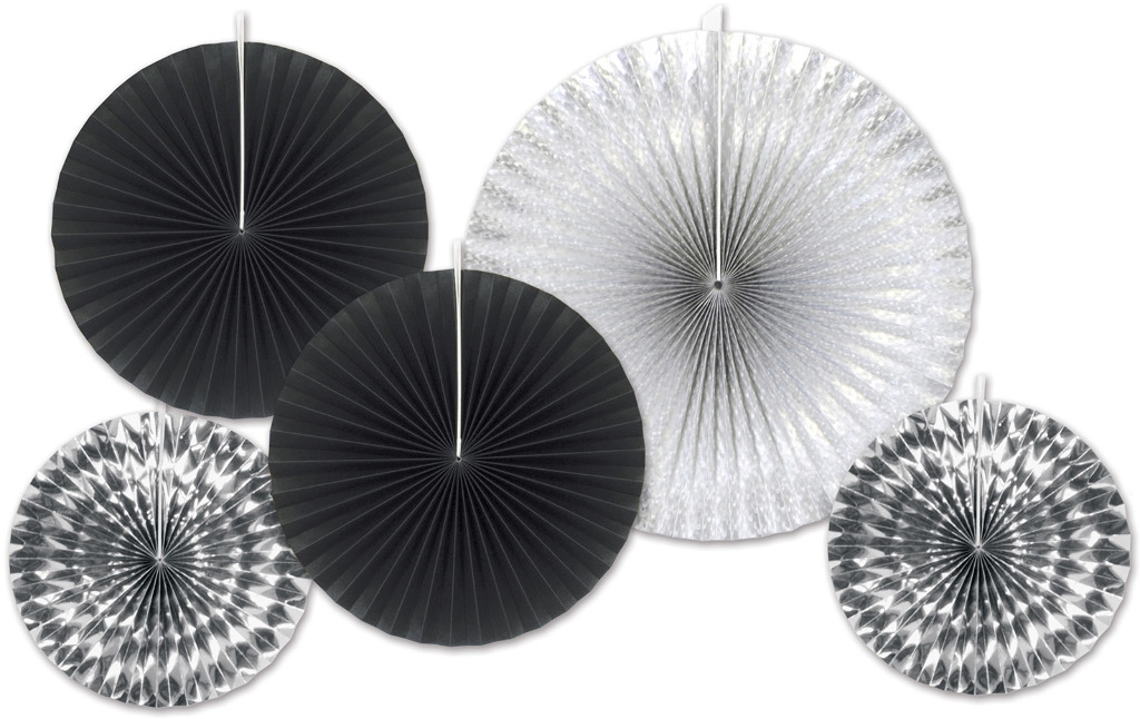 Beistle Assorted Foil and Paper Decorative Fans, Black/Silver, 3/Pack (53320) | Quill
